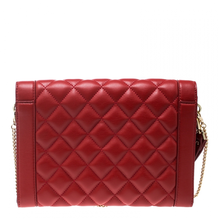 Pre Owned Love Moschino Red Quilted Leather Wristlet Chain Clutch Bag