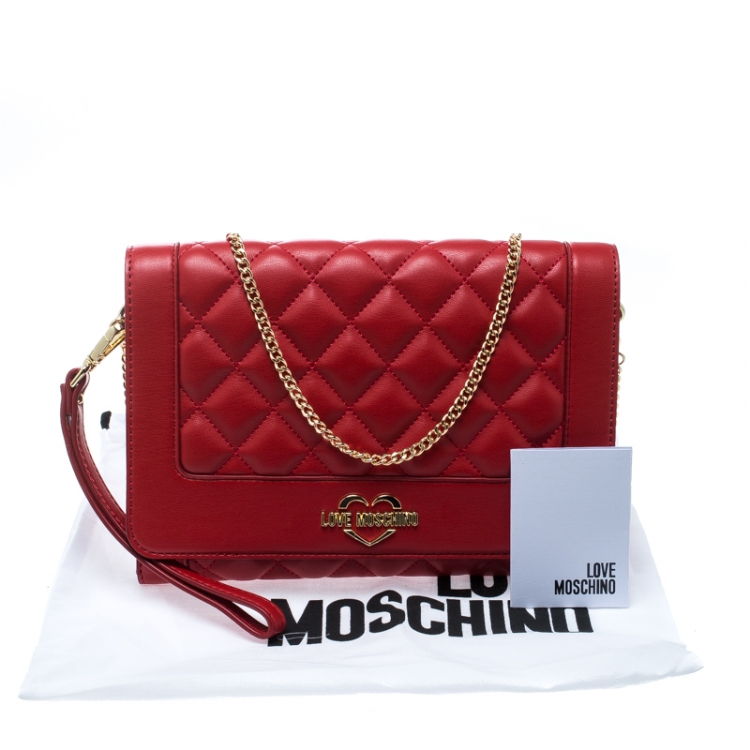 Pre Owned Love Moschino Red Quilted Leather Wristlet Chain Clutch Bag
