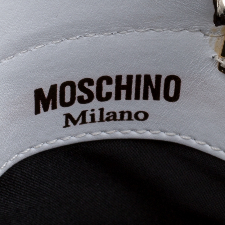 Pre Owned Moschino White Capsule Printed Patent Leather Pill Bottle Crossbody Bag