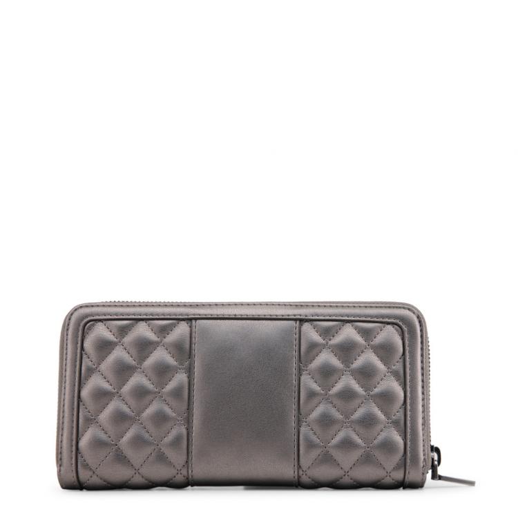 Pre Owned Love Moschino Grey Quilted Faux Leather Zip Around Wallet