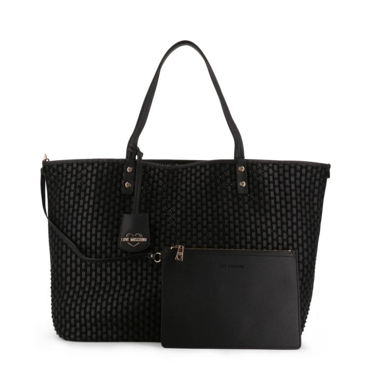 Pre Owned Love Moschino Black Faux Leather Applique Shopping Tote