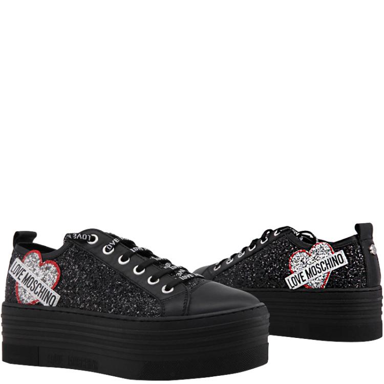 Pre Owned Love Moschino Black Glitter and Leather Platform Sneakers Size 40