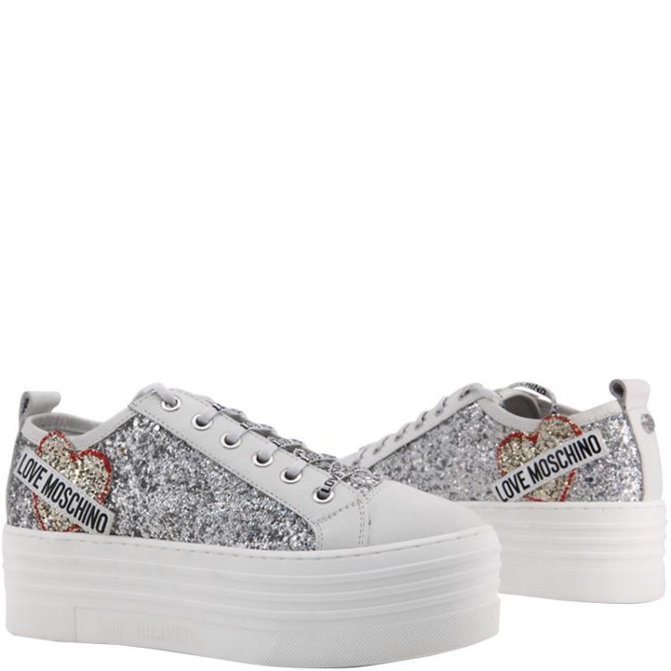 Love Moschino White Glitter and Leather Platform Sneakers Size 39 
