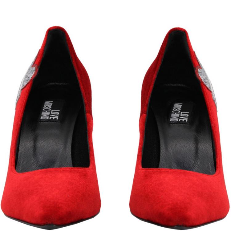 Pre Owned Love Moschino Red Velvet Pointed Toe Pumps Size 36
