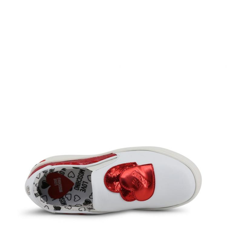 Pre Owned Love Moschino White/Red Faux Leather and Sequins Slip On Sneakers Size 38
