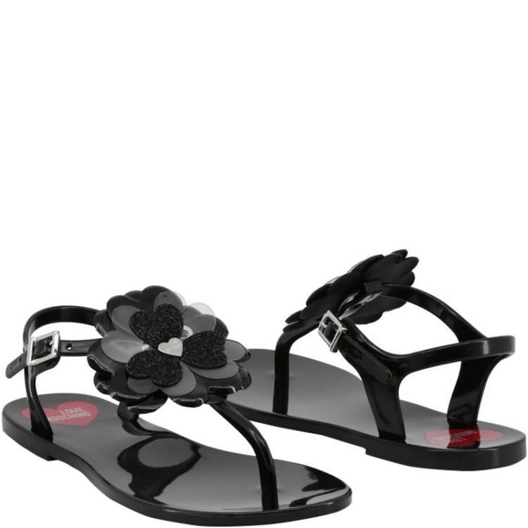 Pre Owned Love Moschino Black Rubber Flower Flat Thong Sandals Size 40