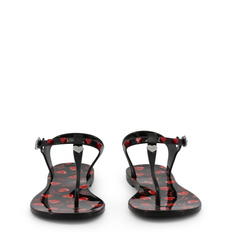 Pre Owned Love Moschino Black Heart Print Rubber Flat Thong Sandals Size 39