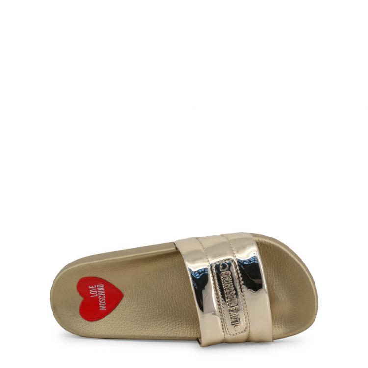 Pre Owned Love Moschino Metallic Beige Rubber Flat Slides Size 37