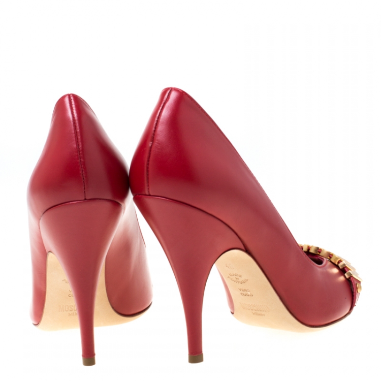 Pre Owned Moschino Red Leather Pointed Toe Pumps Size 40
