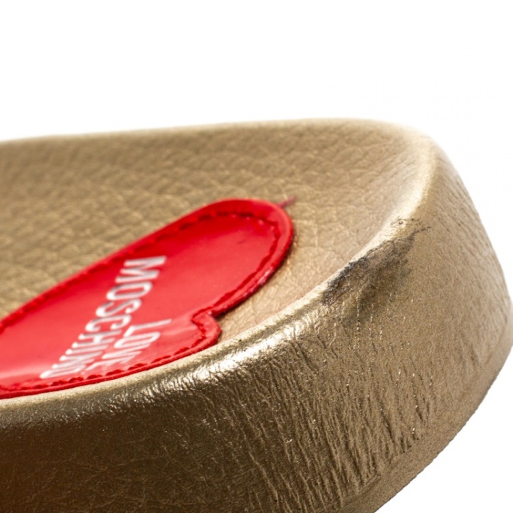 Pre Owned Love Moschino Metallic Gold Faux Leather Flat Slides Size 35
