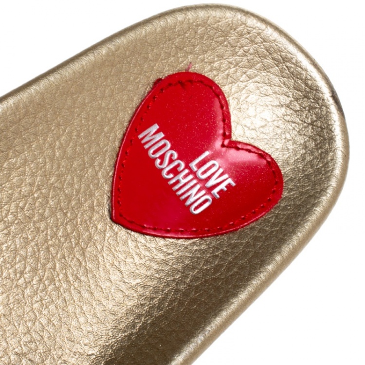 Pre Owned Love Moschino Metallic Gold Faux Leather Flat Slides Size 35