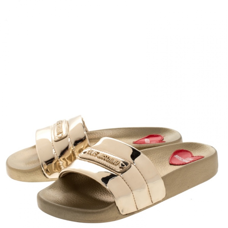Pre Owned Love Moschino Metallic Gold Faux Leather Flat Slides Size 35