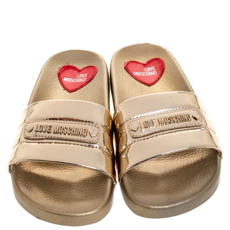 Pre Owned Love Moschino Metallic Gold Faux Leather Flat Slides Size 35