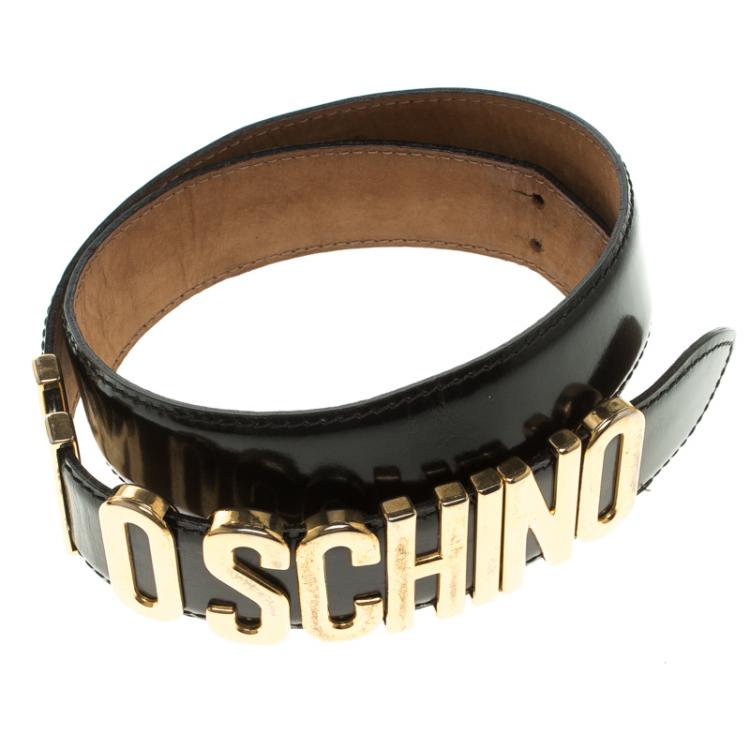 Pre Owned Moschino Glossy Black Leather Redwall Logo Belt 100cm