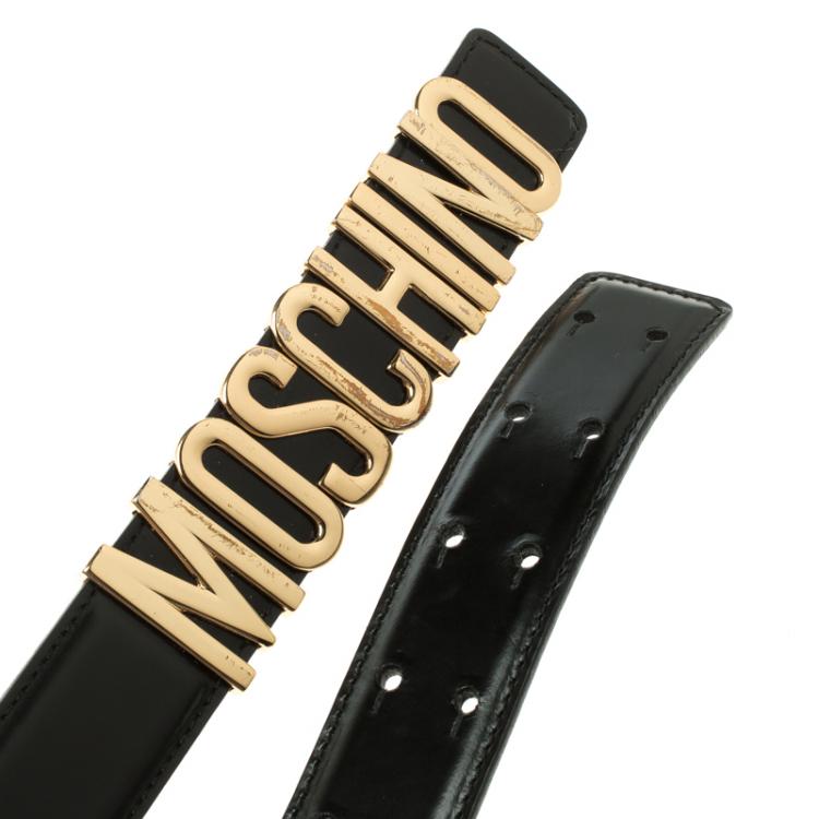 مملوكة مسبقًا Moschino Black Glossy Leather Logo Belt 115cm