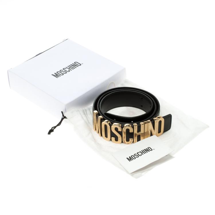 مملوكة مسبقًا Moschino Black Glossy Leather Logo Belt 115cm