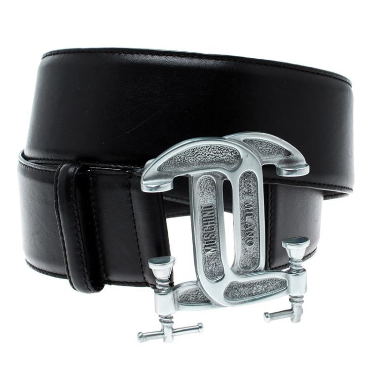 Pre Owned Moschino Black Leather Interlocking C Clamp Belt 75 CM