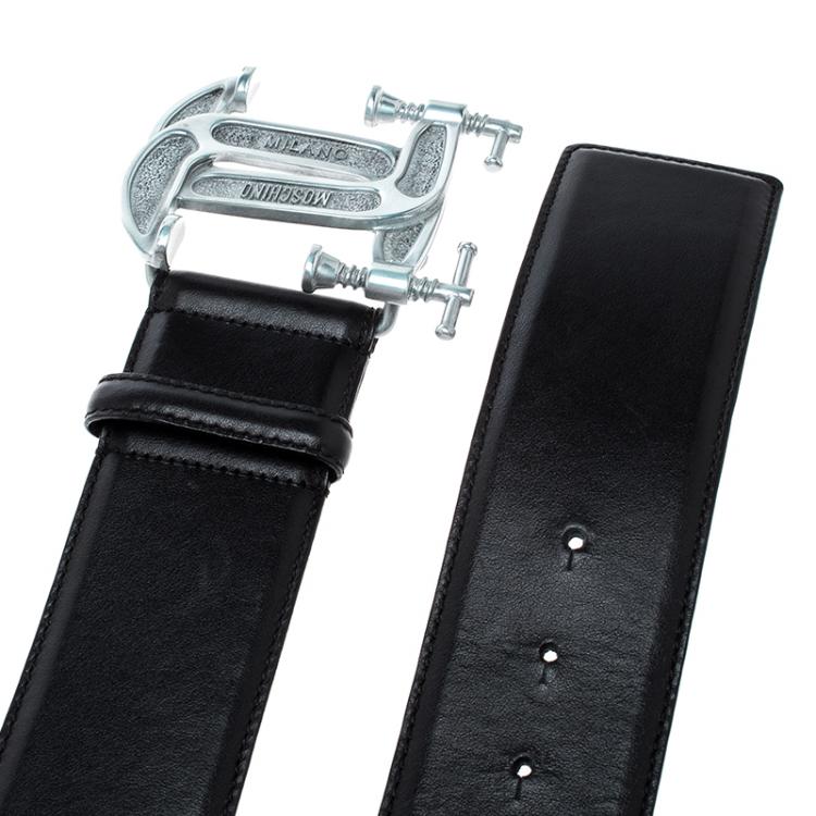 Pre Owned Moschino Black Leather Interlocking C Clamp Belt 75 CM