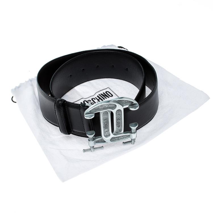 Pre Owned Moschino Black Leather Interlocking C Clamp Belt 75 CM
