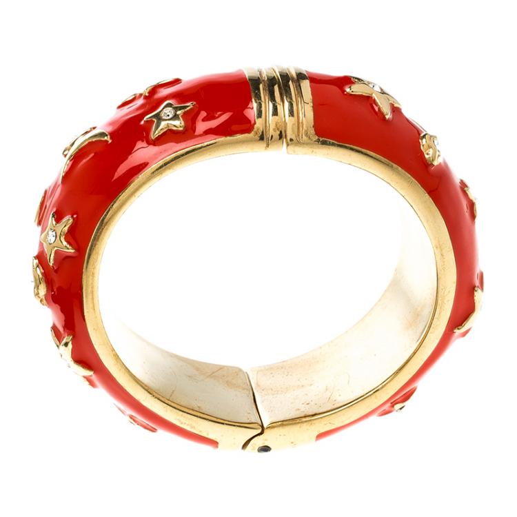 Pre Owned Moschino Red Enamel Moon and Stars Wide Bangle Bracelet