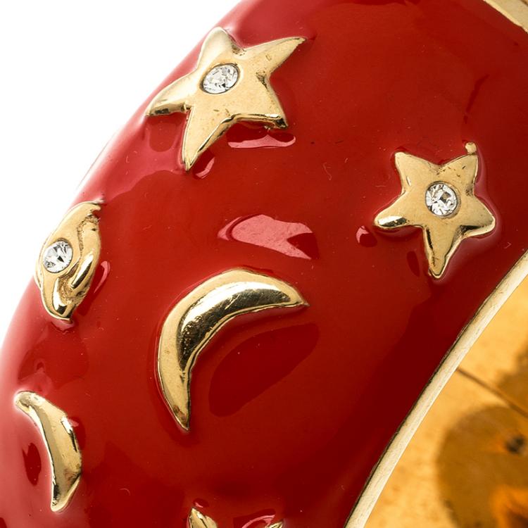 Pre Owned Moschino Red Enamel Moon and Stars Wide Bangle Bracelet