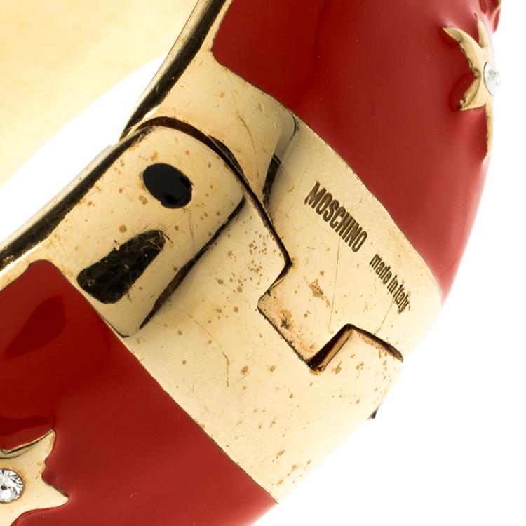 Pre Owned Moschino Red Enamel Moon and Stars Wide Bangle Bracelet