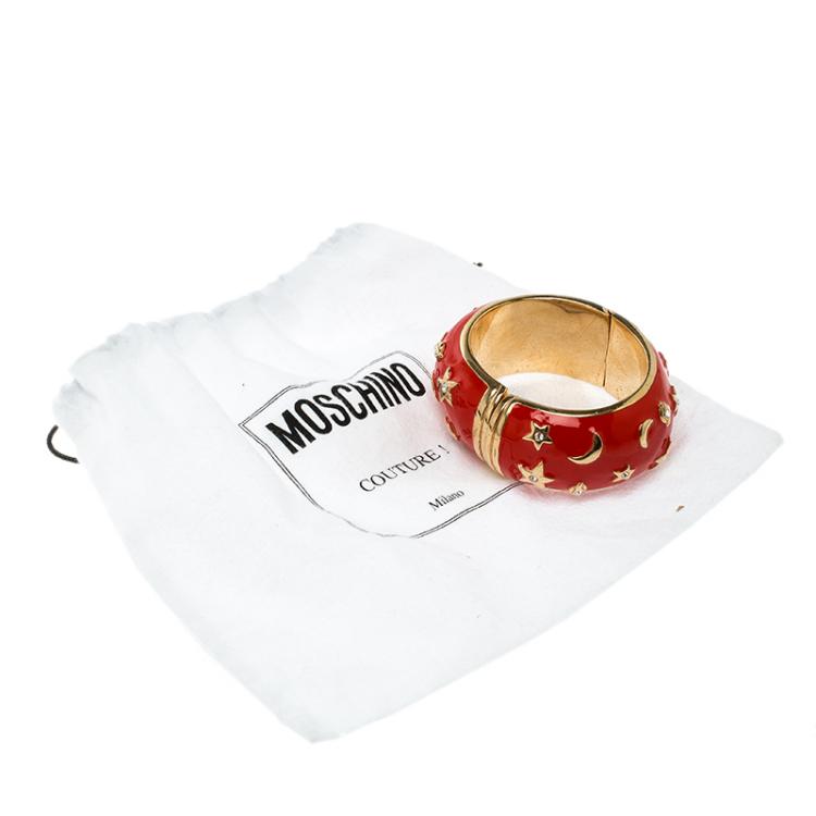 Pre Owned Moschino Red Enamel Moon and Stars Wide Bangle Bracelet