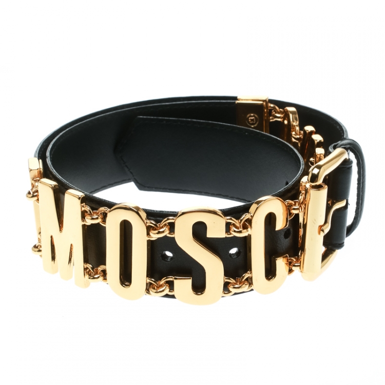 Pre Owned Moschino Black Leather Logo Chain Belt 100 CM