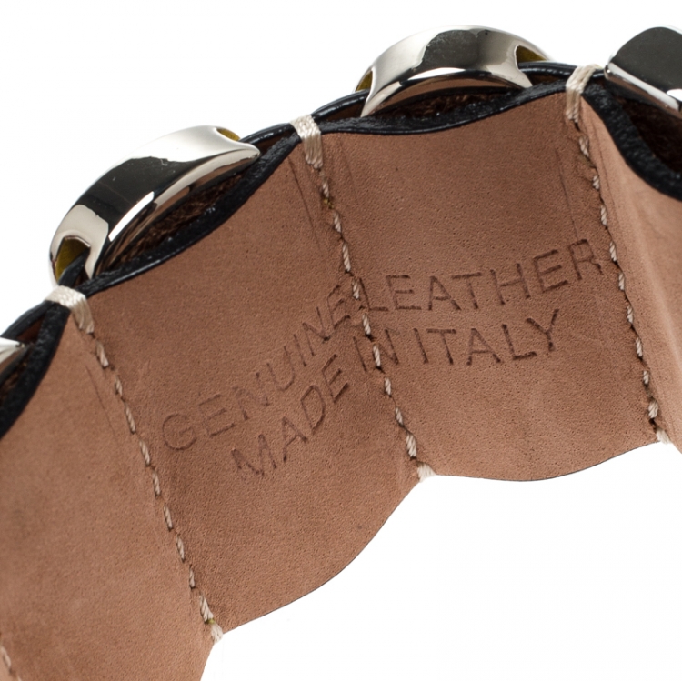 مملوكة مسبقًا Moschino Silver Tone Logo Plaque Yellow Leather Cuff Bracelet