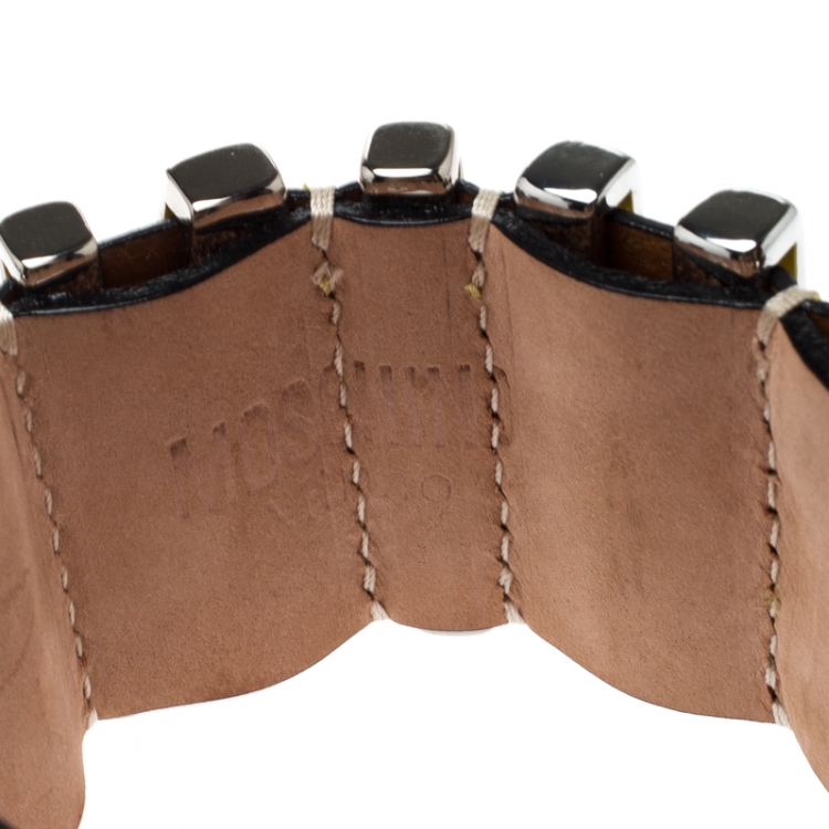 مملوكة مسبقًا Moschino Silver Tone Logo Plaque Yellow Leather Cuff Bracelet