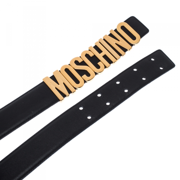 Pre Owned Moschino Black Leather Classic Logo Belt Size 110CM