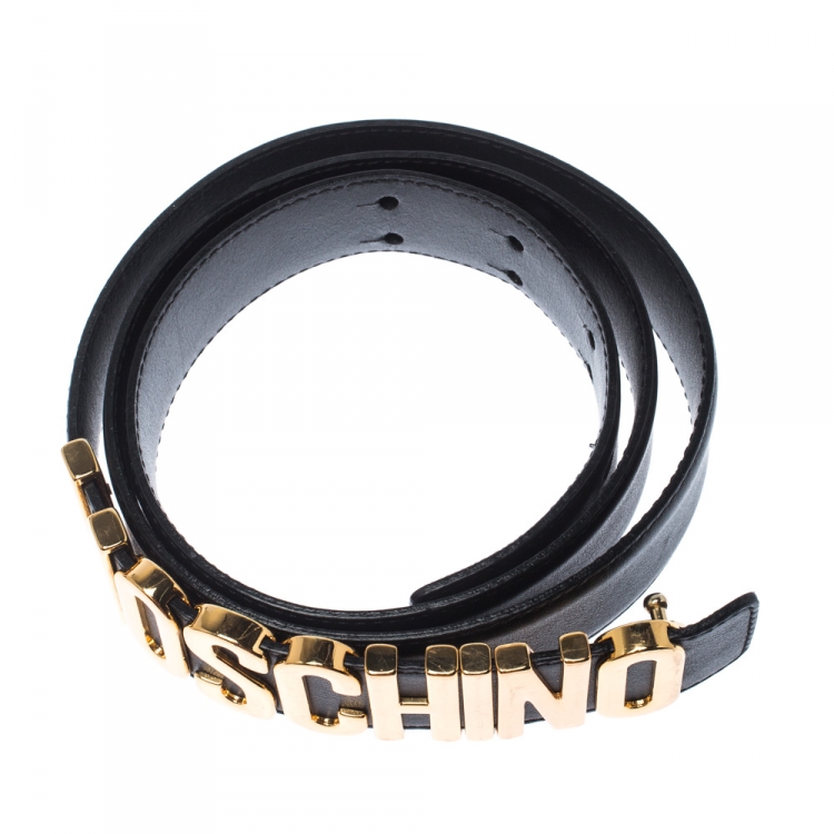 Pre Owned Moschino Black Leather Classic Logo Belt Size 110CM