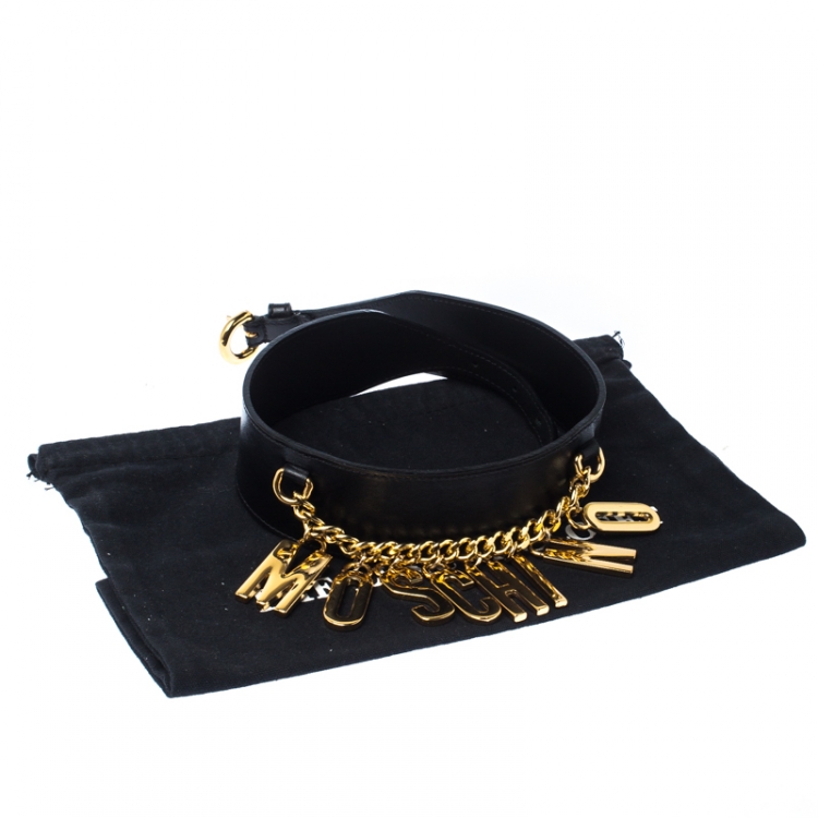 Pre Owned Moschino Black Leather Logo Charm Belt 105CM
