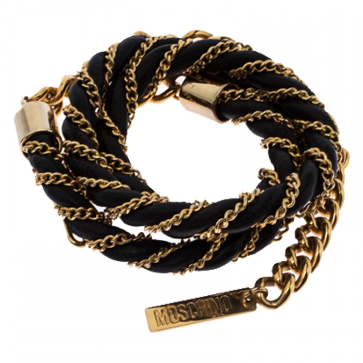 Pre Owned Moschino Black/Gold Leather and Chain Belt 105CM