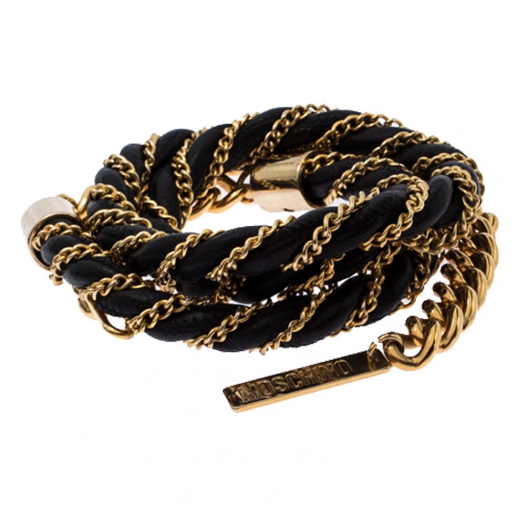 Pre Owned Moschino Black/Gold Leather and Chain Belt 105CM