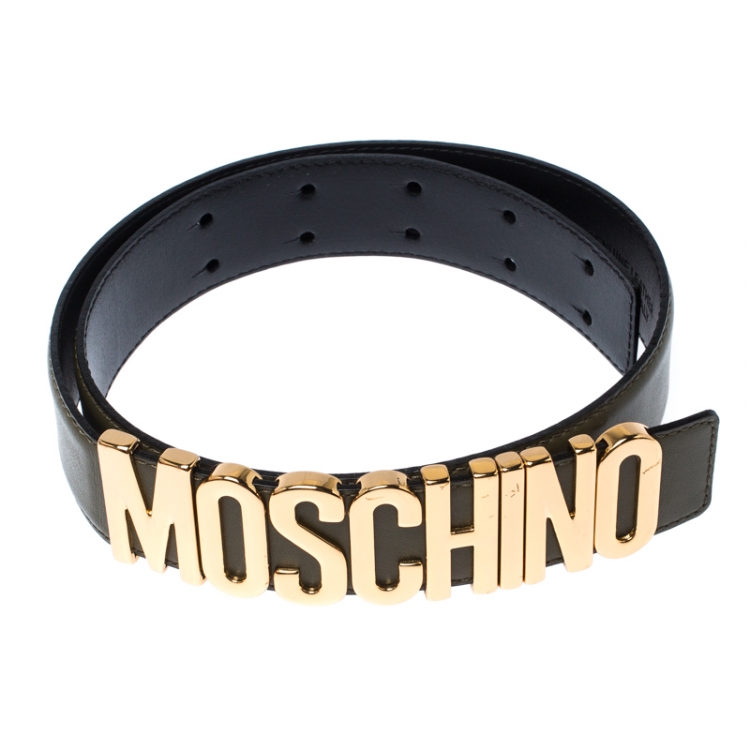 مملوكة مسبقًا Moschino Olive Green Leather Logo Belt 85CM