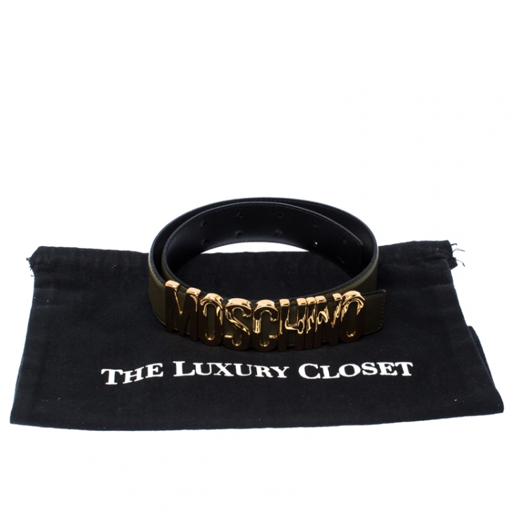 مملوكة مسبقًا Moschino Olive Green Leather Logo Belt 85CM