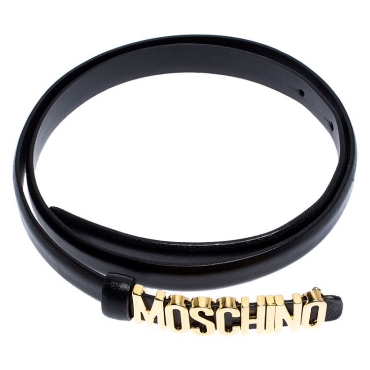 Pre Owned Moschino Black Leather Logo Buckle Belt 100CM