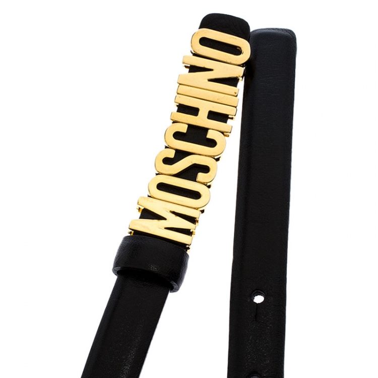 Pre Owned Moschino Black Leather Logo Buckle Belt 100CM