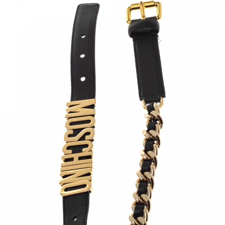 Pre Owned Moschino Black Leather Logo Waist Belt 40
