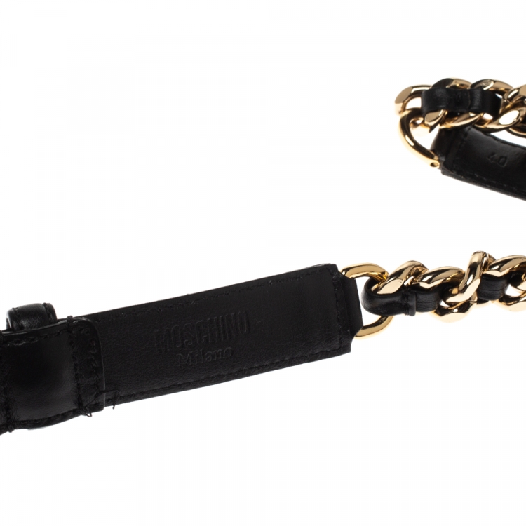 Pre Owned Moschino Black Leather Logo Waist Belt 40