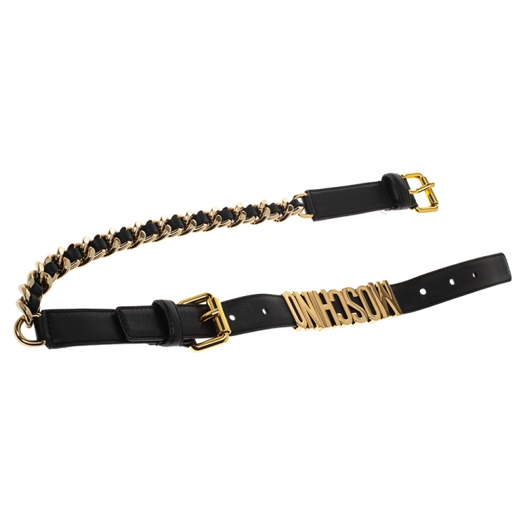 Pre Owned Moschino Black Leather Logo Waist Belt 40