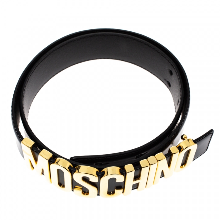 Pre Owned Moschino Black Leather Logo Belt 90CM