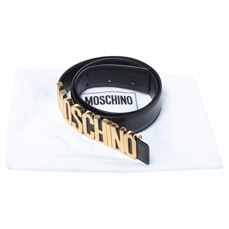 Pre Owned Moschino Black Patent Leather Redwall Logo Belt 85CM
