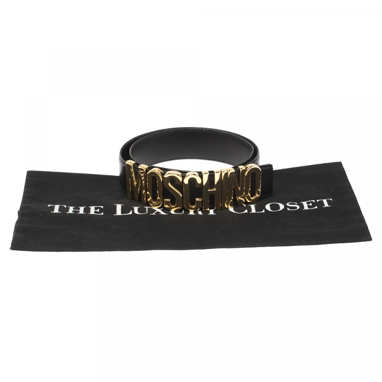 Pre Owned Moschino Black Leather Classic Logo Belt 80 CM