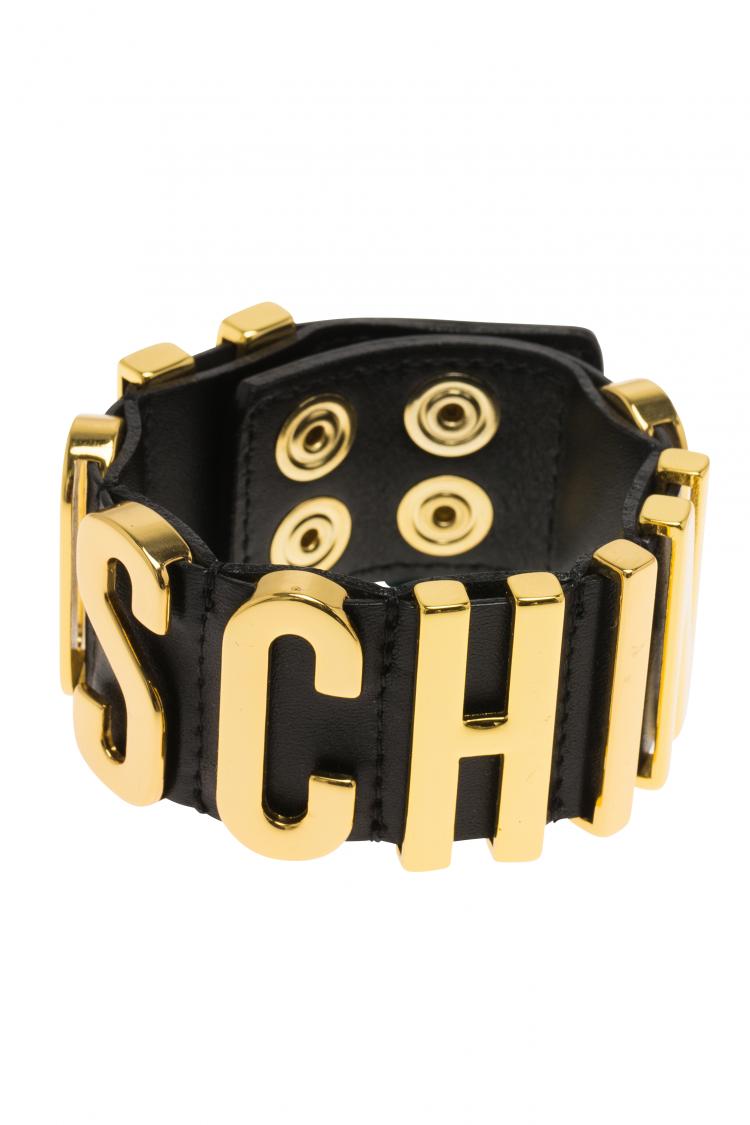 Pre Owned Moschino Logo Wide Black Leather Gold Tone Bracelet M