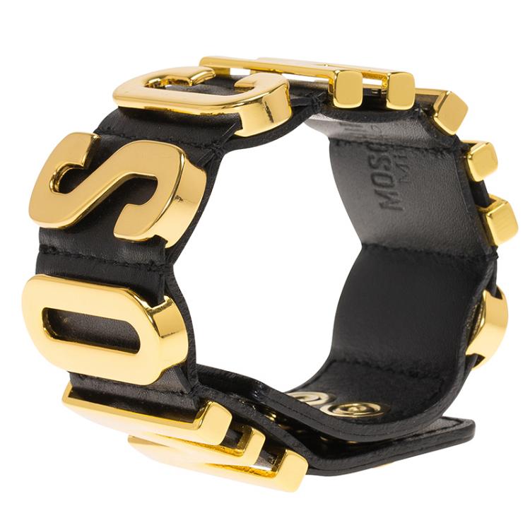 Pre Owned Moschino Logo Wide Black Leather Gold Tone Bracelet M