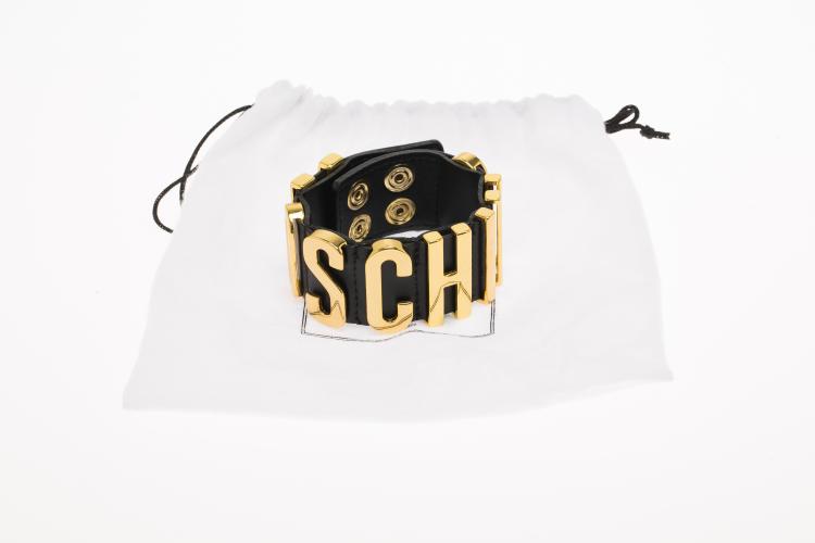 Pre Owned Moschino Logo Wide Black Leather Gold Tone Bracelet M