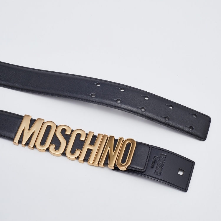 Pre Owned Moschino Black Leather Classic Logo Belt 80 CM
