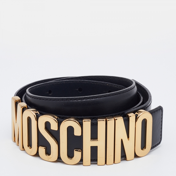 Pre Owned Moschino Black Leather Classic Logo Belt 80 CM